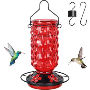 Glass Hummingbird Feeders for Outdoors Hanging, 25 OZ Wave Glass Hummingbird Feeder with 5 Flower Feeding Ports, Ant Moat and Leak Proof for Outside Garden Backyard Decor, Gifts for Women Mom, Red