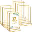 Floroom 12 Pack 5x7 Inch Clear Acrylic Sign Holders, Double-Sided Gold Display Stand Picture Frames for Table Numbers, Menus, Flyers, Weddings, and Offices