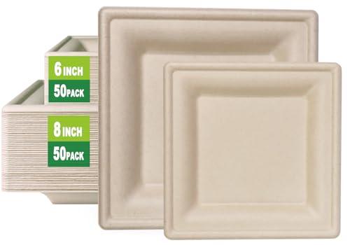 GreenWorks 8 inch Heavy-duty Compostable Plates, 50 Count Bagasse and Bamboo Fiber Disposable Paper Plates