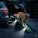 Dog Ramp for Car & SUV with Poly Grass Non-Slip Surface Lightweight & Foldable Pet Ramp for Dogs, Includes 4 Towels & 2 LED Lights, Safe for Cars, Trucks, Beds, Couches & Stairs