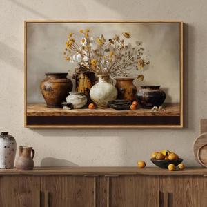 Framed Vintage Floral Pottery Kitchen Wall Art, Farmhouse Rustic Still Life Neutral Canvas Artwork for Walls, Retro Vase Flower Painting Print for Dining Room Bedroom Living Room Wall Decor, 36x24 In