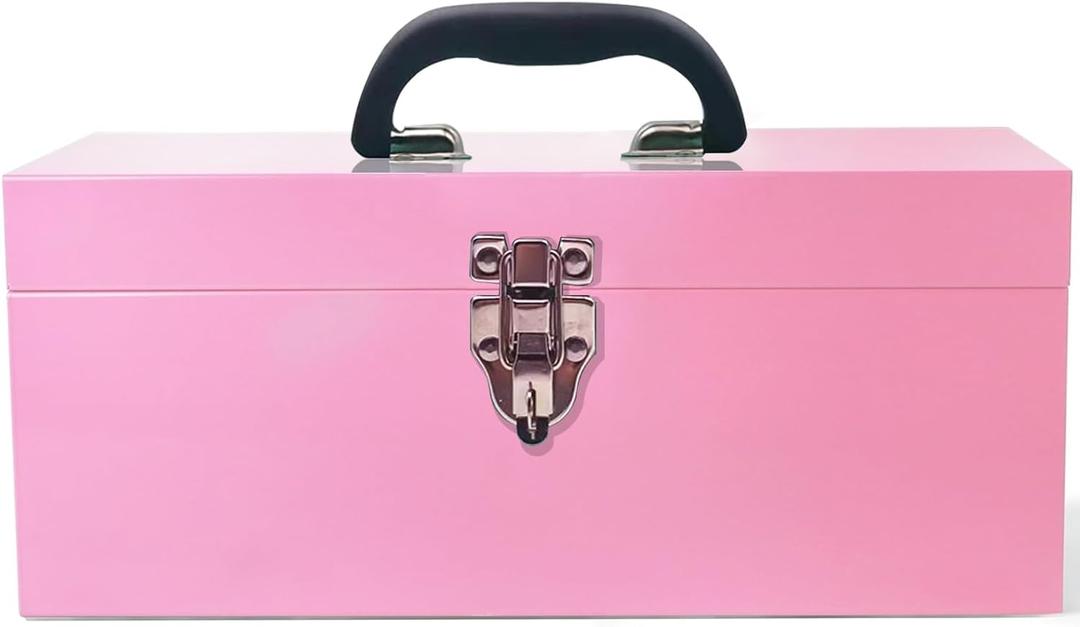 16" Portable Metal Toolbox Large Tool Box 18-Gauge Fishing Tackle Box Tool Box Drawer Organizer With Metal Latch and Handle Pink