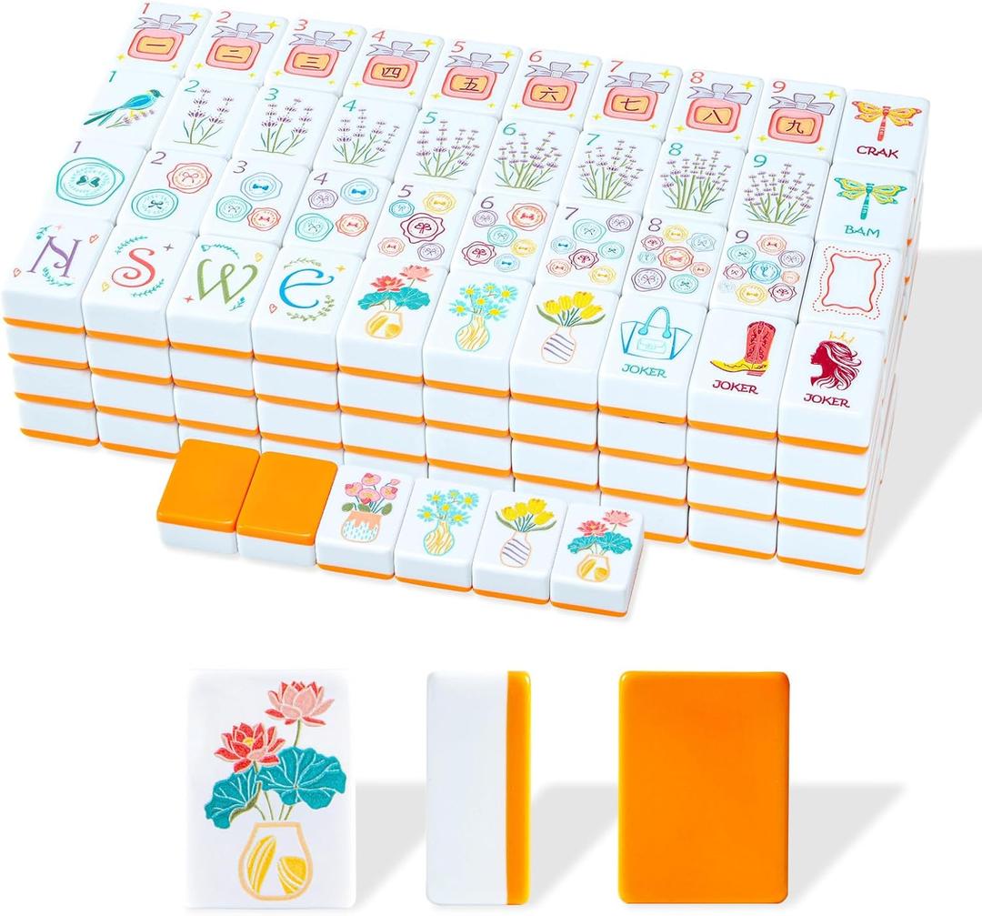 American Mahjong Tile Set, 160 Orange Engraved Melamine Mahjong Tiles with Mahjong Tile Bag and Mahjong Accessories
