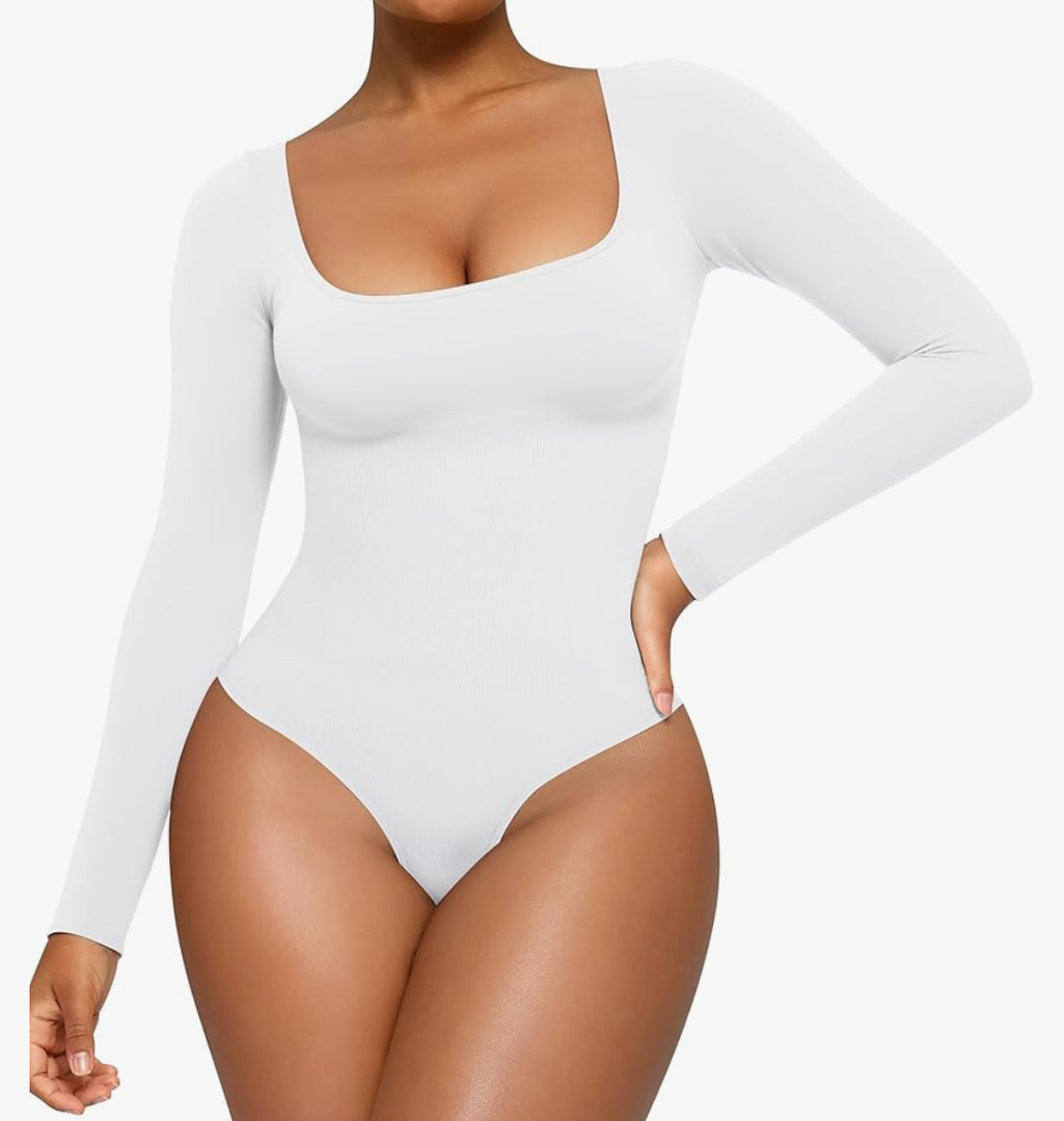 CYDREAM Long Sleeve Bodysuits for Women - Square Neck Shapewear Bodysuit Tops Going Out Body Suits Shirt Leotard, XL