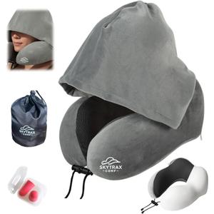 Travel Pillow with Extra Large Hood for Airplane Long Flights Privacy and Comfort Memory Foam with Velvet Cover for Road Trip Head&Neck Support for Plane Office Cars Sleeping & Rest (Light Grey)