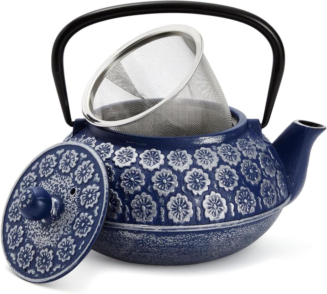 Juvale Japanese Cast Iron Teapot with Infuser & Stovetop Tea Kettle - 34 oz, Blue - Heat Retention, Removable Lid & Fold-Down Handle
