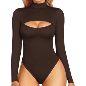 MANGOPOP Women's Mock Neck Cutout Front Bodysuit Long Sleeve Sleeveless Turtle Neck Body Suits Sexy Tops