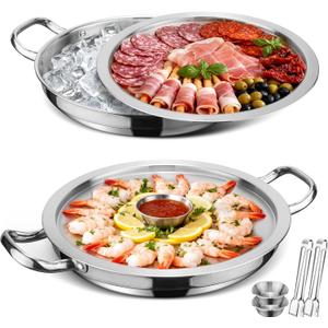 2-Set 12 Inch Shrimp Cocktail Serving Dish with Ice Tray, Cold Chilled Serving Trays, Cooling Platter Charcuterie Board for Appetizer Oyster Salad Buffet Parties, Dishwasher Safe, Stainless Steel