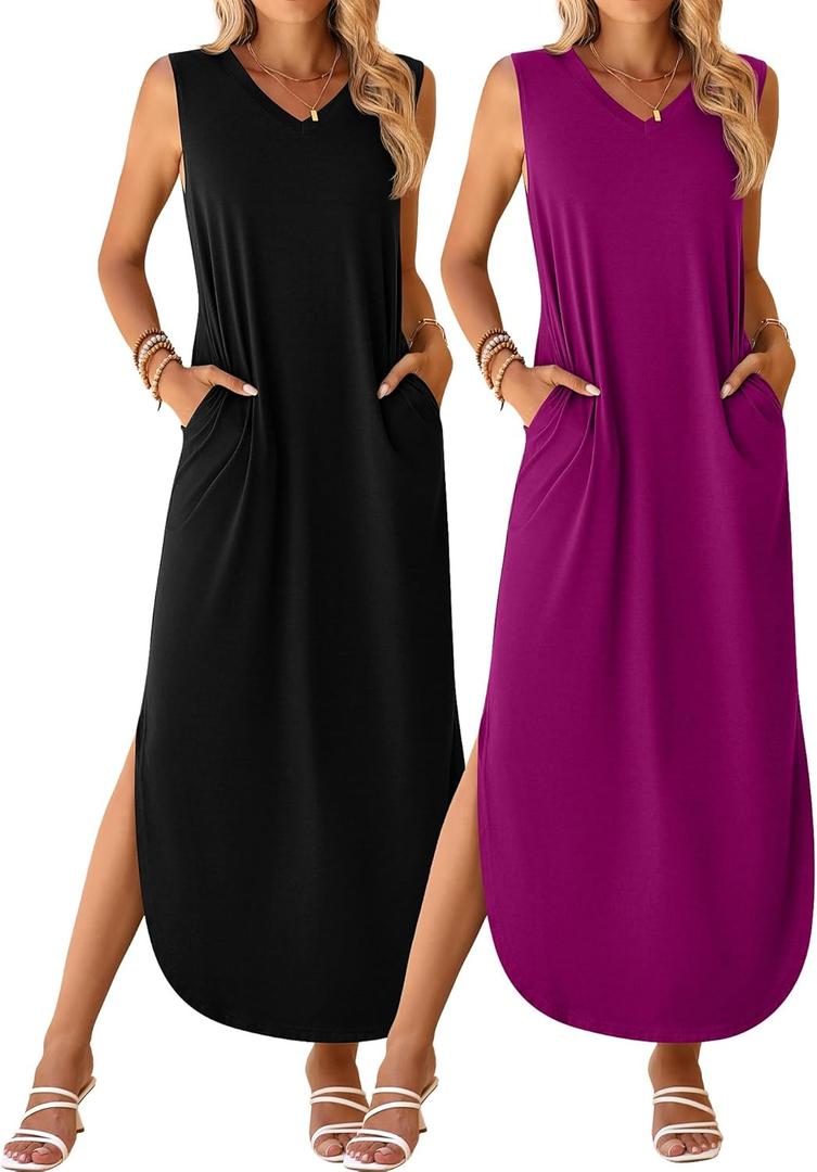 Ficerd 2 Pcs Women's Maxi Dresses Summer Sleeveless Beach Long Dress V Neck Casual Loose Split Sundress with Pockets (M)