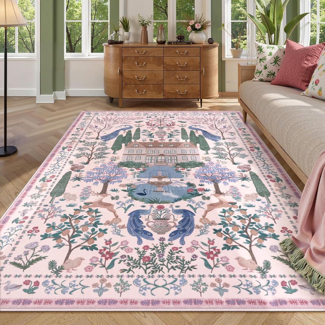 LIVEBOX Washable Rug 5x7 Pink Rug for Bedroom Girls, Floral Area Rugs for Living Room, Non-Slip Low Pile Carpet Farmhouse Rugs for Bedroom, Dining Room, Nursery Room, Kids Playroom, Pink