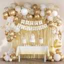 White and Golden Birthday Party Decorations with Happy Birthday Banner Fringe Curtai Tablecloth Butterfly Decorations Foil Balloons Happy Birthday Decorations for Women Girls Adults Kids