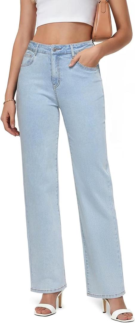 Straight Leg Jeans for Women - High Waisted Wide Leg, Y2K Loose Fit Denim Pants with Pockets 90s Ice Blue, Size 14