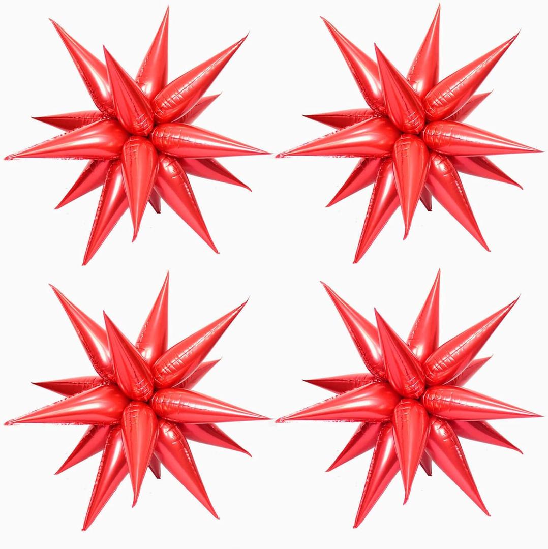 4 x 50 Pcs Red Foil Cone Star Balloons - 26 Inch Explosion Mylar Balloons, 12 Point 3D Starburst for Party Supplies, Christmas, Birthday, Wedding Decorations