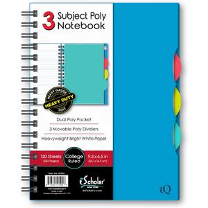 iScholar iQ 3 Subject Poly Cover Double Wire Notebook, College Rule, 9.5 x 6.5 Inches, 120 Sheets, Color May Vary (57904)