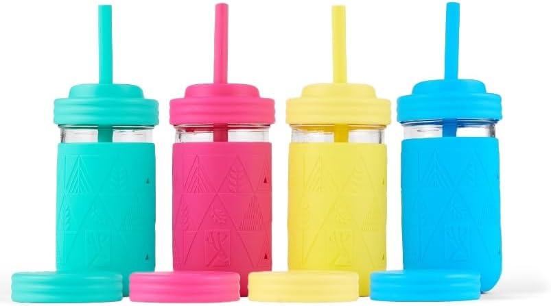 Elk and Friends Kids + Toddler Glass Cups | The Original 12oz Glass Mason Jar with Sleeves + Lids | Silicone Straws + Stopper | Smoothie Cup | Food Storage | Spill Resistant | Dishwasher Safe | 4 Pack (Pink/Teal/Yellow/Blue)