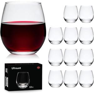 Stemless Glasses Set of 12,16 OZ Stemless Glass Cups,Clear Christmas Red Glassware White Glass Tumblers,Elegant Crystal Bourbon Glasses Water Cups 