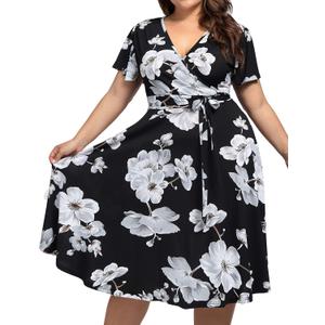 kissmay Plus Size Women's V Neck Floral Cocktail Party Midi Dresses with Pocket, 16 Plus