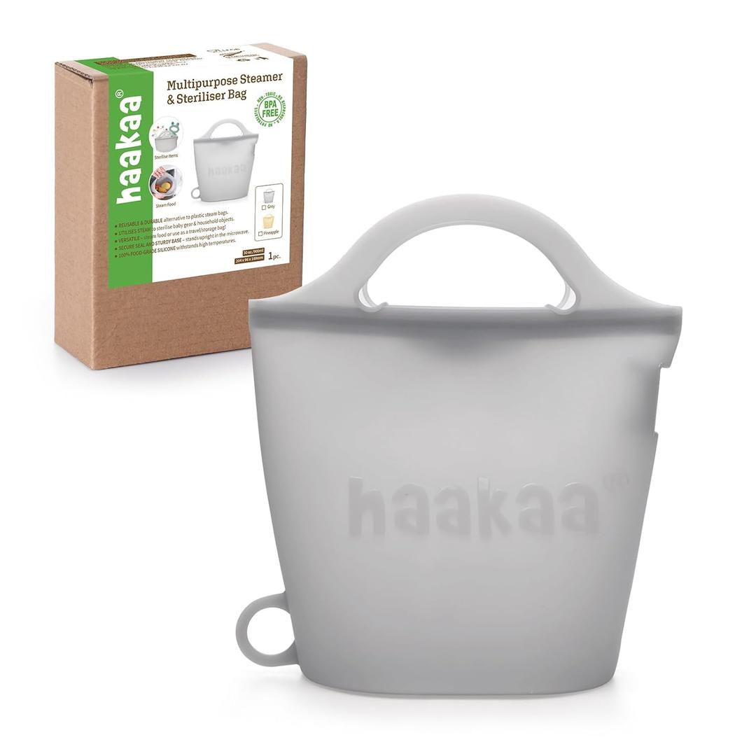 Haakaa Silicone Travel Microwave Steamer & Steriliser Bag, 30oz/900ml Reusable Silicone Steaming Bags for Baby Small Items, Pacifiers, Teethers or Baby Cups, Great for Home and On-The-Go, Grey/1PC