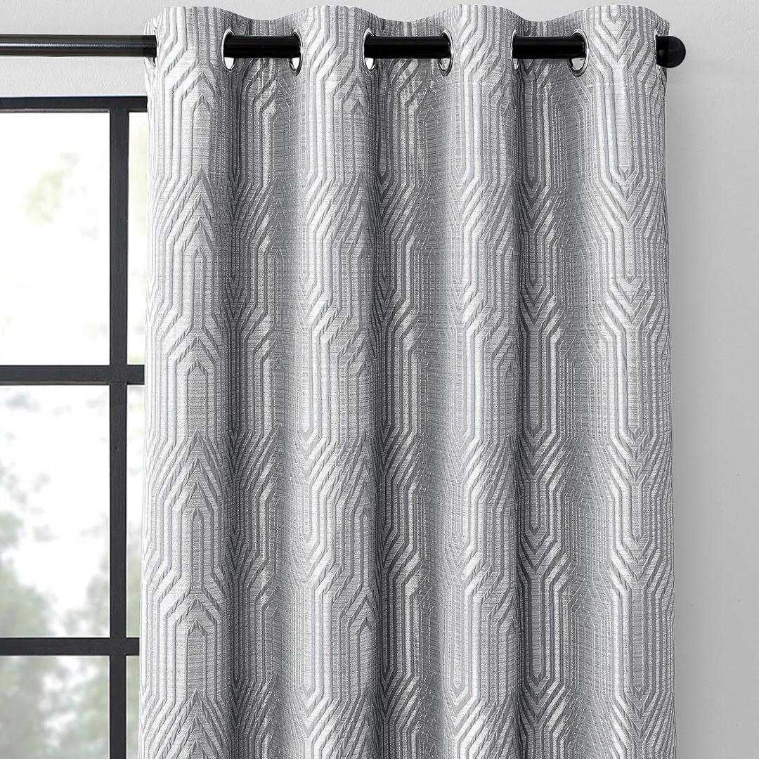 Light Grey and Silvery 100% Blackout Jacquard Geometric Pattern Curtains,52 Inch Wide 96 Inches Length 2 Panels, Thermal Insulated Noise Reducing Anti-Rust Grommet Drapes for Bedroom Living Room