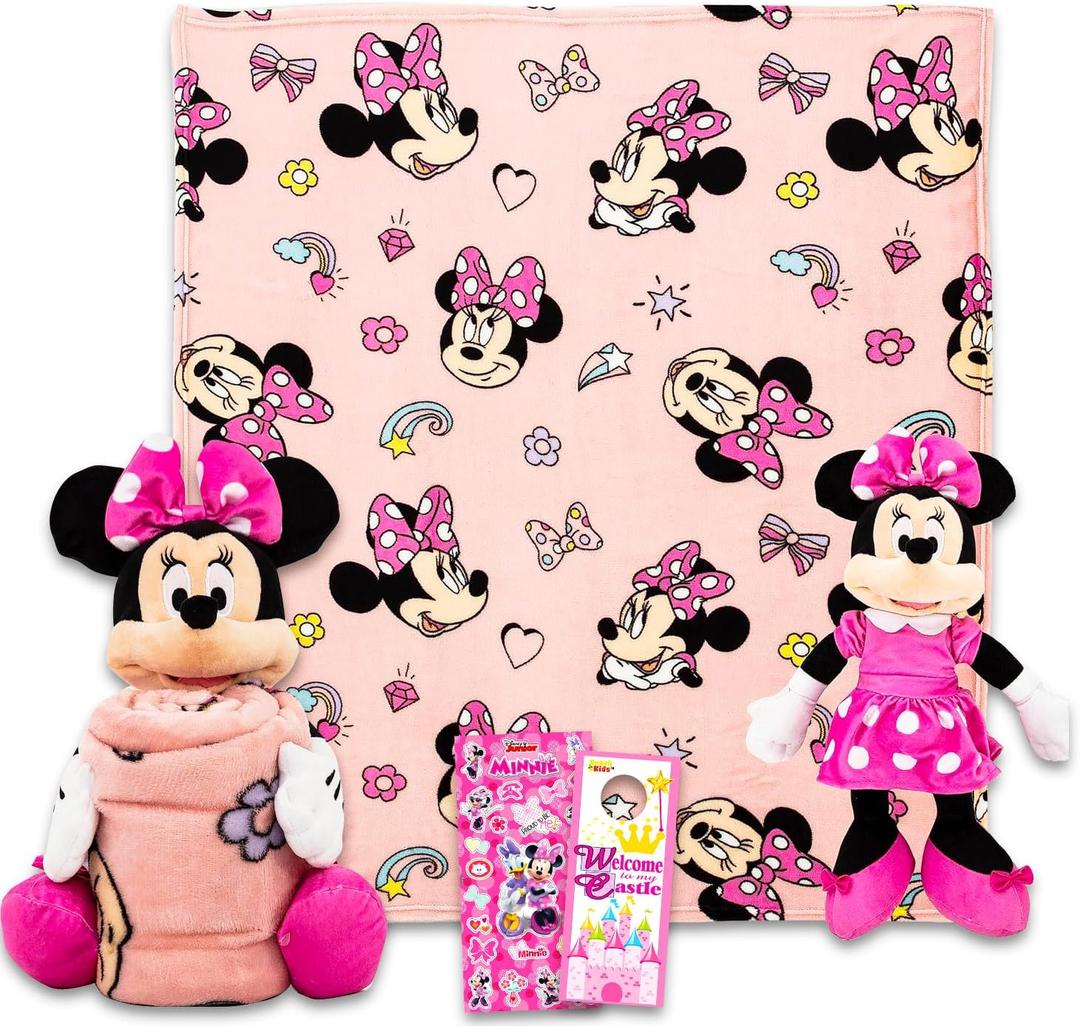 Disney Minnie Mouse Throw Blanket and Character Pillow - Bundle with Blanket, Hugger Character, Stickers, More | Minnie 40x50 Throw for Kids & Teens