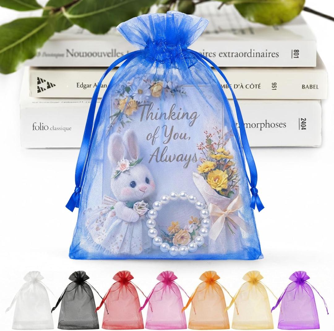 ANZNKU 50 Pack Royal Blue Organza Bags 5x7 Inch, Small Mesh Bag Drawstring Mesh Gift Bags Jewelry Pouches for Baby Shower, Easter Gifts, Birthday Party Favors