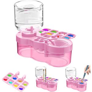 2025 Upgraded Paint Brush Cleaner Tool,Washing My Brush,Universal Crafts Water Cycle Watercolor Brushes Rinse Dispenser with Holder and Palette,Painting Art Supplies for Artist Beginner Kid (Pink)