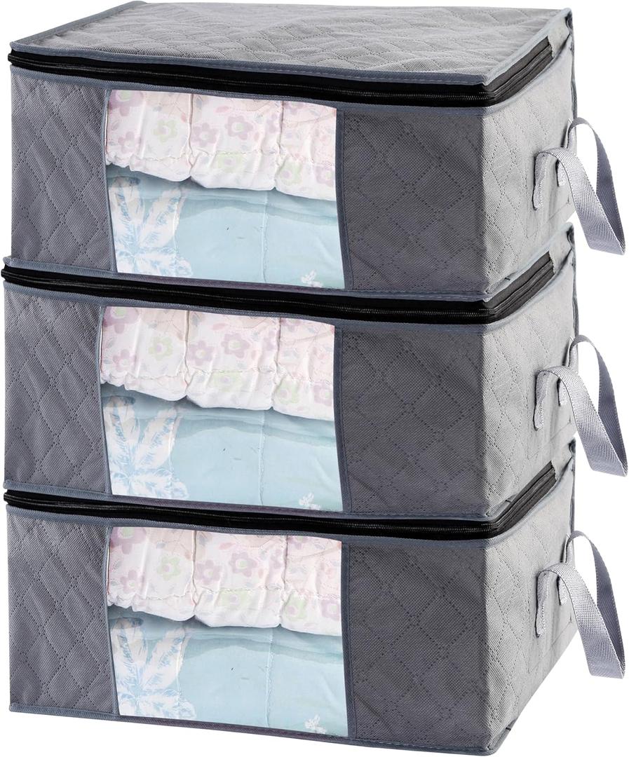 Storage Clothes Bins Closet Bags - 35L Containers Organizer Boxes Clothing Bin Organization for Organizing Blanket Pillow Sheet Sweater, Foldable Bedroom Small Storage Totes With Lids Zipper, 3pc Pack