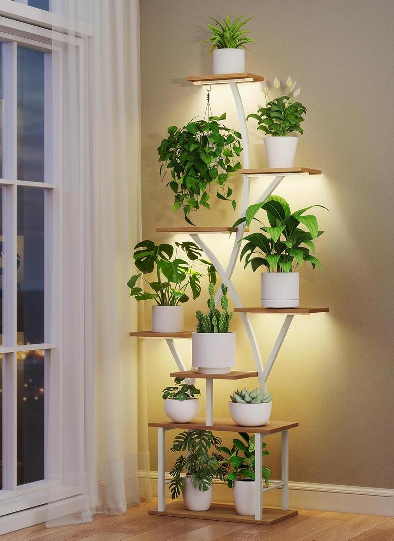 Plant Stand Indoor with Grow Lights - 64" Tall Plant Shelf Lighted Corner Plant Stands for Indoor Growing Multiple Metal 8 Tiered Large S-Shape Flower Holder Plant Rack for Home Decor Patio White