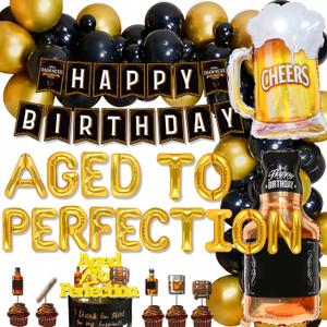 Whiskey Birthday Party Decorations for Men-Aged to Perfection Party Supplies Include Aged To Perfection Balloons, Whiskey Birthday Banner, Cake Toppers, Whiskey Foil Balloons