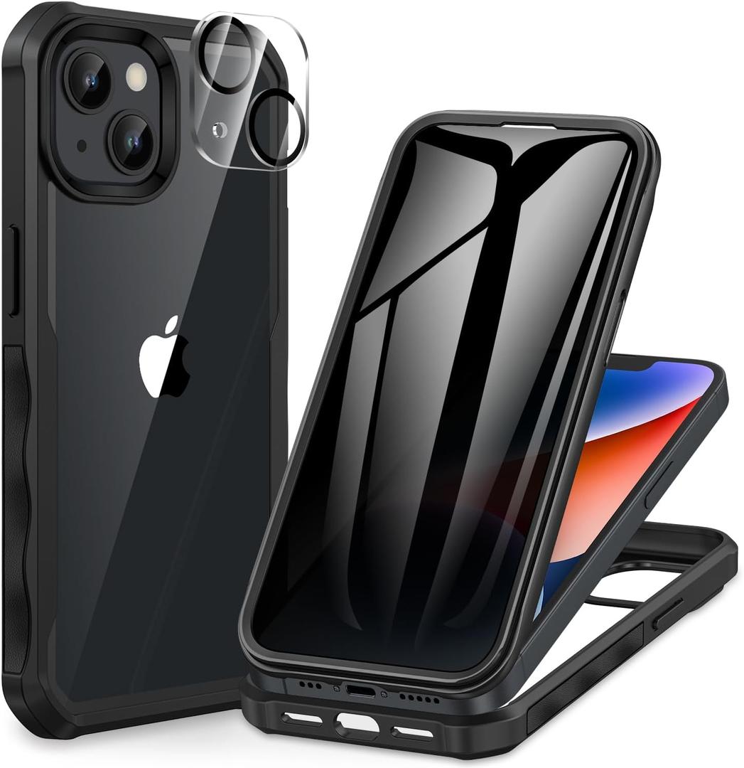 CENHUFO Privacy for iPhone 14 Case/iPhone 13 Case, Full Body Phone Case with Built-in 9H Tempered Glass Privacy Screen Protector and Camera Lens Protector, Shockproof Bumper Clear Cover - Black