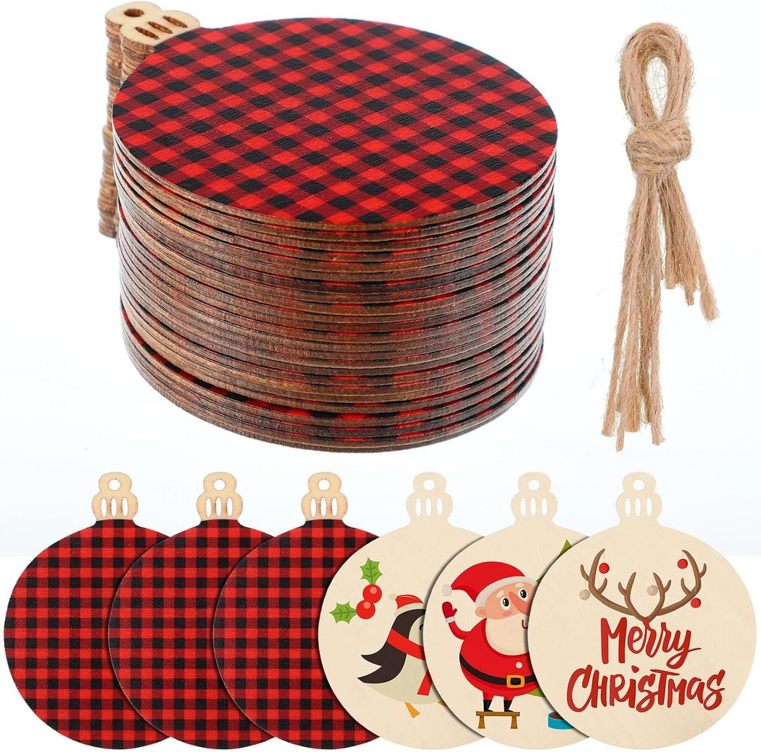 Jetec 96 Pieces Wooden Christmas Ornament 48 Pieces Predrilled Wood Slices 48 Pieces Twine Round Wooden Discs with Holes Unfinished Buffalo Plaid Blank for DIY Tree Decoration (Black-Red)