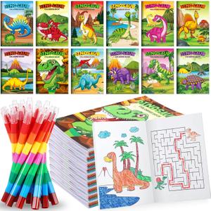 BenLouis 12 Dinosaur Mini Coloring Books Kids with 12 Stacking Crayons Dino Party Favors Small Activity Books Bulk for Kids Jurassic Party Gift Goodie Bag Stuffers