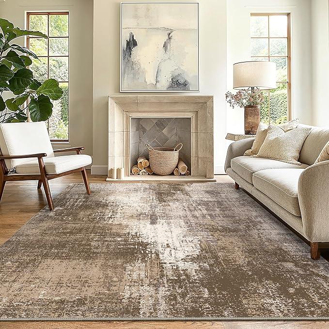 Washable Area Rugs for Living Room Bedroom, 10x12 Modern Abstract Non Slip Rug, Low Pile Soft Contemporary Indoor Floor Carpet Cover for Dinning Room Kitchen, Brown