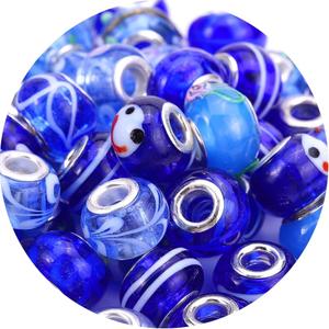 AIPRIDY 50Pcs 15x11mm Murano Large Hole Glass Beads with Silver Brass Cores European Beads for Jewelry Making (Saphire)