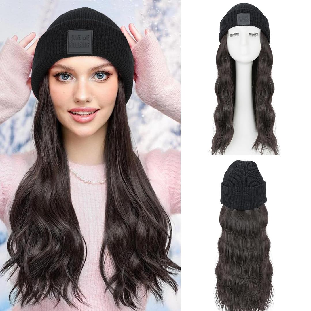 S-noilite Beanie Wig Hair Extensions,18 Inch Long Wavy Hair Extensions with Knitted Hat Wigs for Women Winter Medium Brown