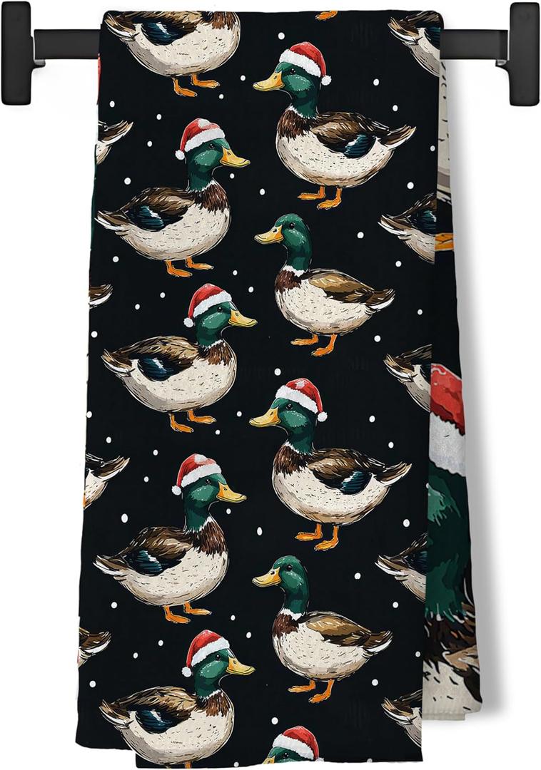 BUJSP Black Christmas Mallard Duck Kitchen Dish Tea Towels, Duck Hunting Gifts, Farmhouse Christmas Funny Santa Hat Ducks Decorative Hand Towels for Bathroom Kitchen, 16x24 Inch (Color-3)