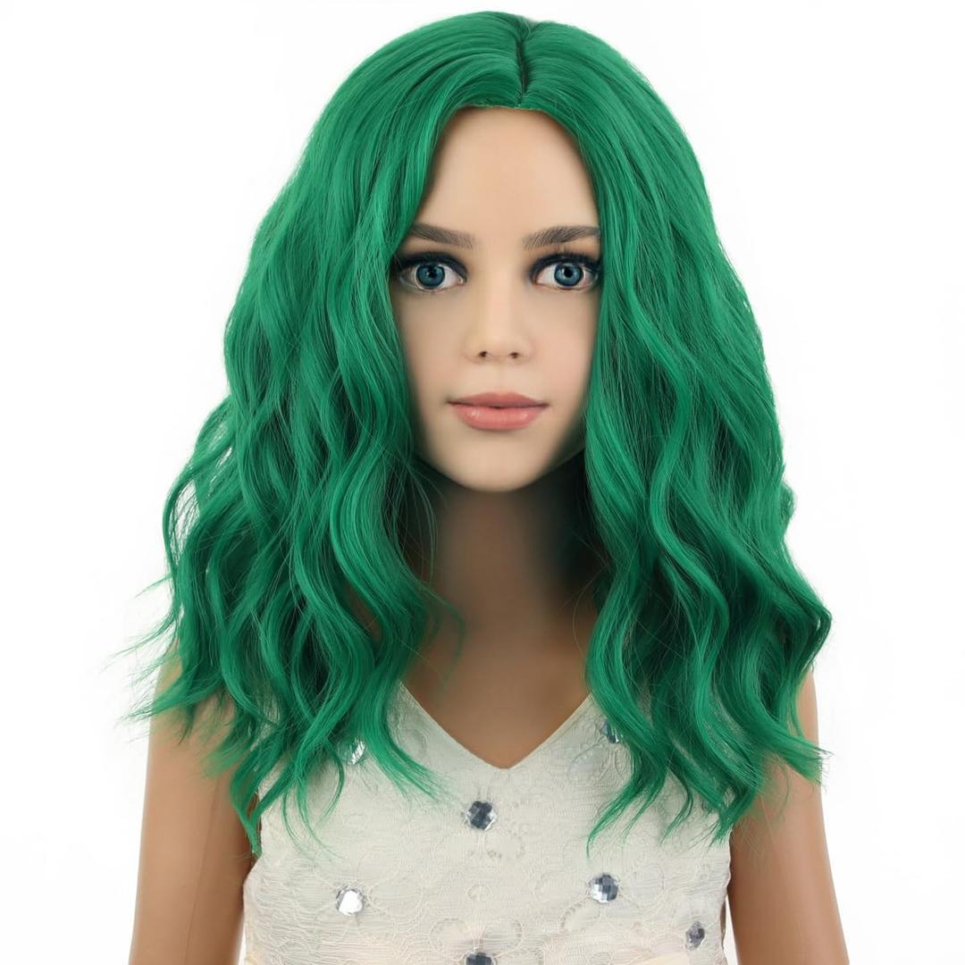 Kids Child Green Wig Short Curly Wavy Wig for Girls Dark Green Wigs Synthetic Hair Wigs