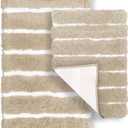 Bathroom Rugs Set 2-Piece – Soft Fluffy Stripe Rug, Bath Mat & Shower Mat, Non Slip Rubber Backing, Water Absorbent, Décor, Machine Washable Bathroom Decor, 20"x32"+17"x24", Taupe/Pure White