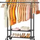Double Rods Clothes Rack, Rolling Clothing Rack for Hanging Clothes Closet Rack with Wheels, Metal Portable Garment Rack with Double Shelves for Bedroom Laundry Living Room, Matte Black