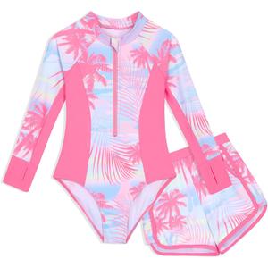 Girls Rash Guard Swimsuit 2 Piece Long Sleeve One Piece Bathing Suits with Swim Shorts Kids UPF 50+ Swimwear Sets  (Pink, M)