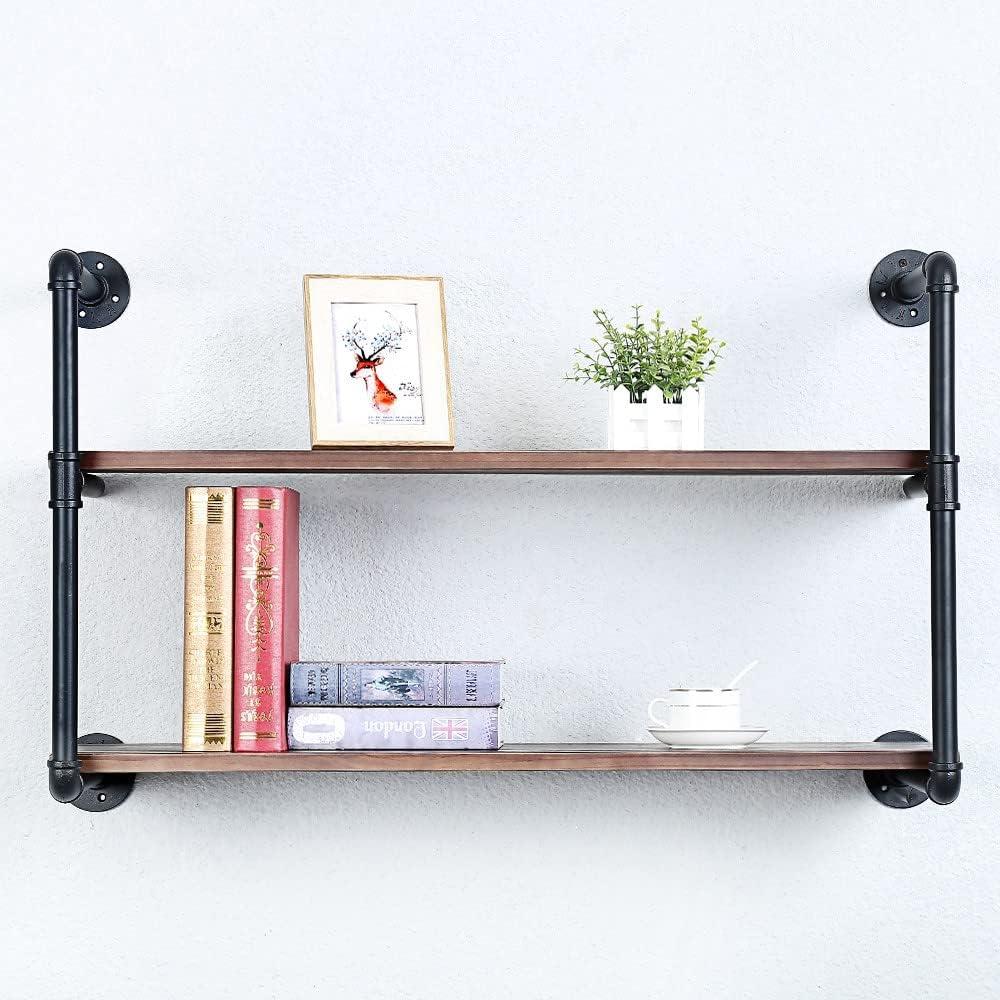 Industrial Pipe Shelving Wall Mounted,36in Rustic Metal Floating Shelves,Steampunk Real Wood Book Shelves,Wall Shelf Unit Bookshelf Hanging Wall Shelves,Farmhouse Kitchen Bar Shelving(2 Tier)