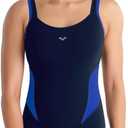 ARENA Bodylift Women's Makimurax B-Cup One Piece Shaping Swimsuit Strap Back Tummy Control Chlorine Resistant UV Protection, Navy/Bright Blue, Size 44