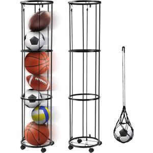 3-Layer Vertical Ball Storage Rack, Garage Ball Storage Rack, Wall-Mounted Basketball Holder - Comes with Mesh Drawstring Ball Bag - Suitable for Football, Volleyball, Soccer, Basketball