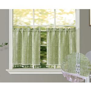 GOHD Country Road Tiers Kitchen Curtains Boho Jacquard Stripe Tassel Bathroom Window Curtain 3 Size, 100% Polyester(24in,Green)