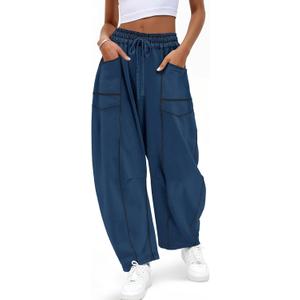 Aoysky Womens Baggy Barrel Wide Leg Pants Casual Drawstring Elastic Waist Contrast Stitch Workout Sweat Pants with Pockets, Large