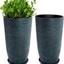 QCQHDU Large Tall Blue Planters with Saucer - 9 Gallon 12" Diameter x 21" H Faux Stone Round Pots for Indoor Plants, Outdoor Patio & Porch Decor, Heavy Duty Weatherproof Plant Containers
