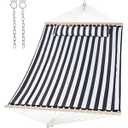 SUNCREAT Double Quilted Hammock with Hardwood Spreader Bar, Extra Large Soft Pillow, Heavy Duty 2 Person Hammock for Indoor, Outdoor, Black Stripes