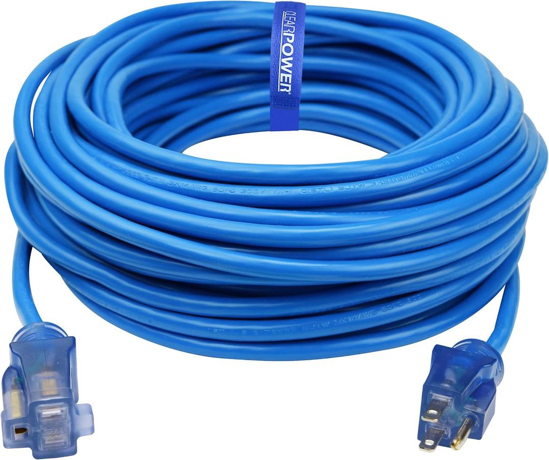 Clear Power Heavy Duty Outdoor Extension Cord - 100 FT, Blue | for Extreme Cold Weather -50°C, 16/3 SJTW, 3 Prong Grounded Plug, with Power Indicator Light (CP10075)