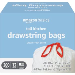 Amazon Basics Scented Trash Bags, Tall Kitchen Drawstring, Clean Fresh Scent, 13 Gallon, 200 Count, Pack of 1