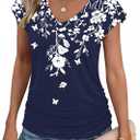 Zeagoo Womens Summer Tshirts Ruched Cap Short Sleeve Tops V Neck Trendy Shirts Fashion Tunics with Side Shirring (Medium)